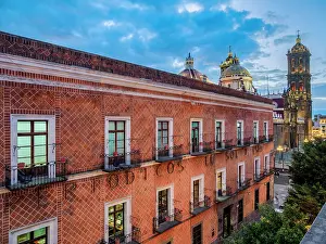 Puebla State Prints: El Sol Newspapers office building and Our Lady of the Immaculate Conception Cathedral Basilica at dusk