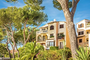 Pastel Prints: Elegant houses on the bay of Cala Fornells, Mallorca, Balearic Islands, Spain