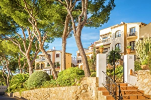Pastel Prints: Elegant houses on the bay of Cala Fornells, Mallorca, Balearic Islands, Spain