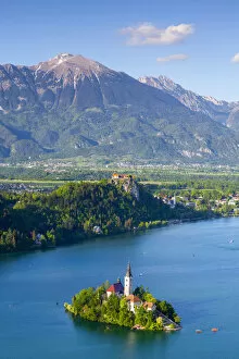Elevated view over Bled Island with the Church of the Assumption, Lake Bled, Bled