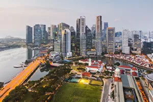 Elevated view of business district at sunrise, Singapore