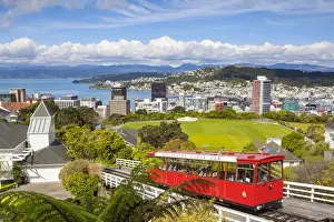 Elevated view over Cable-car (Funicular) and central Wellington, Wellington, North Island