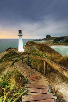 Elevated view of Castle Point lighthouse at dawn, North Island, New Zealand