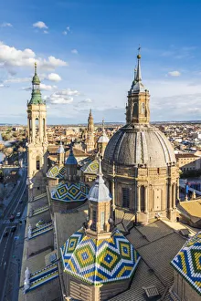 Zaragoza Prints: Elevated view of the Cathedral of Our Lady of the Pillar. Zaragoza, Aragon, Spain