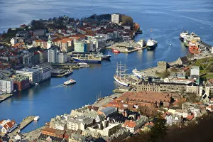 Elevated view over central Bergen. Hordaland, Norway
