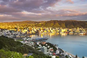 Elevated view over central Wellington illuminated at sunrise, Wellington, North Island