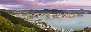 Elevated view over central Wellington illuminated at sunrise, Wellington, North Island
