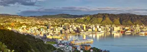 Elevated view over central Wellington illuminated at sunrise, Wellington, North Island