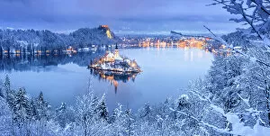Images Dated 24th February 2023: Elevated view of the Church of the Assumption, Lake Bled, Slovenia by night