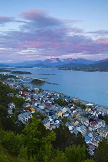 Elevated view over city surrounds at sunset, Alesund, Sunnmore, More og Romsdal, Norway