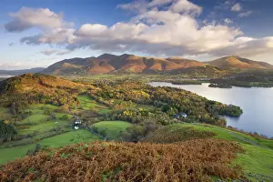 Elevated view of Derwent Water, Keswick and Skiddaw from Cat Bells, Lake District National Park, Cumbria, England, UK. Autumn (November) 2009