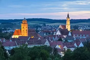 Images Dated 28th June 2015: Elevated view over Donauworth Old Town illuminated at Dusk, Donauworth, Swabia, Bavaria
