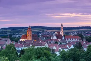 Elevated view over Donauworth Old Town illuminated at sunset, Donauworth, Swabia