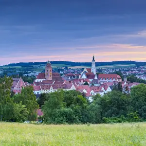 Elevated view over Donauworth Old Town illuminated at sunset, Donauworth, Swabia