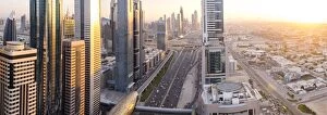 Elevated view over Downtown & Sheikh Zayed Road looking towards the Burj Kalifa, Dubai, United Arab Emirates, UAE