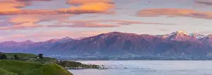 Kaikoura Prints: Elevated view over dramatic landscape illuminated at sunrise, Kaikoura, South Island