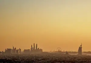 Burj Al Arab Prints: Elevated view towards Dubai Marina and Burj Al Arab Hotel at sunset, Dubai, United