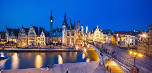 Belgium Prints: Elevated view of Ghent river with the waterfront buildings reflecting in the water canal