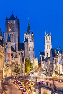 Elevated view of Ghent river with the waterfront buildings reflecting in the water canal