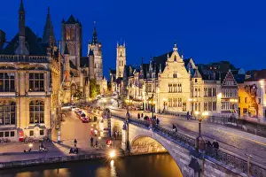 Elevated view of Ghent river with the waterfront buildings reflecting in the water canal