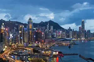 Elevated view, Harbour and Central district of Hong Kong Island and Victoria Peak