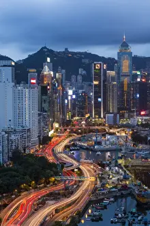 Highway Prints: Elevated view, Harbour and Central district of Hong Kong Island and Victoria Peak