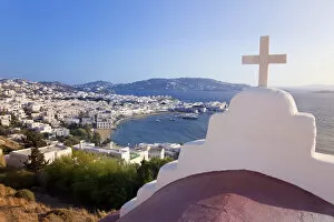 Images Dated 2nd September 2010: Elevated view over the harbour and old town, Mykonos (Hora), Cyclades Islands, Greece