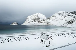 Fiord Prints: Elevated view of Haukland beach, Lofoten Islands, Nordland, Norway