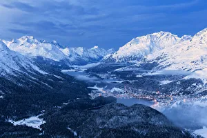 Elevated view of high Engadine at dusk. Engadine valley, Canton of Grisons, Switzerland
