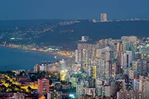 Residential Building Prints: Elevated view of high-rise buildings of Vina del Mar at twilight