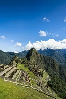 Incan Gallery: Elevated view of historic Incan Machu Picchu on mountain in Andes, Cuzco Region, Peru