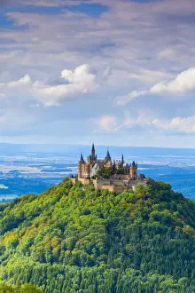 Elevated view towards Hohenzollern Castle and sourrounding countryside, Swabia, Baden