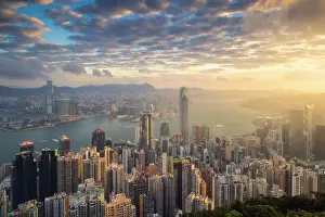 Hong Kong Prints: Elevated view of Hong Kong cityscape viewed from Lugard road during sunrise