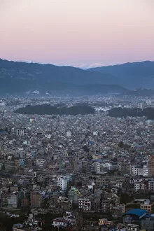Kathmandu Collection: Elevated view of Kathmandu and himalaya range at sunset, Nepal