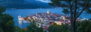Images Dated 31st May 2014: Elevated view over Korculas picturesque Stari Grad illuminated at dusk, Korcula