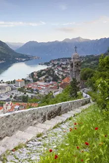 Crna Gora Prints: Elevated view over Kotors Stari Grad (Old Town) and The Bay of Kotor, Kotor, Montenegro