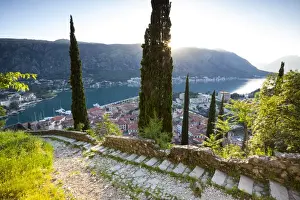 Elevated view over Kotors Stari Grad (Old Town) and The Bay of Kotor, Kotor, Montenegro