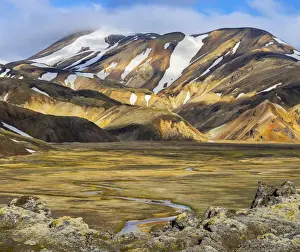Flat Prints: Elevated view of Landmannalaugar valley and mountains during summer, Landmannalaugar