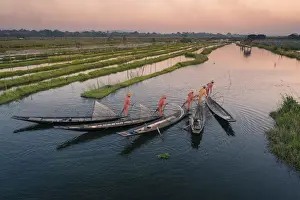 Elevated view of five leg-rowing fishermen rowing on Lake Inle before sunset, Lake Inle