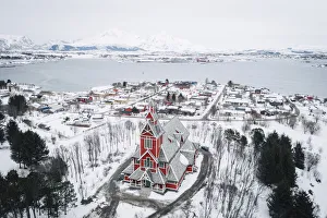 Elevated view of Leknes church, Leknes, Lofoten Islands, Nordland, Norway Elevated view of Leknes church, Leknes, Lofoten Islands, Nordland, Norway