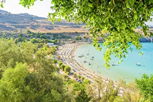 Lindos Prints: Elevated view of Lindos Beach, Lindos, Rhodes, Dodecanese Islands, Greece