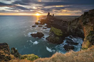 Basalt Rock Prints: Elevated view of Londrangar cliffs during sunset, Snaefellsjokull National Park