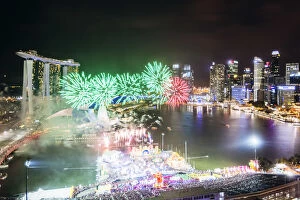 Elevated view of Marina Bay, during celebrations for Chinese New Year, Singapore