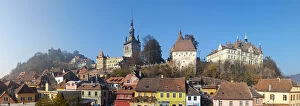 Elevated view towards the Medieval Old Town of Sighisoara, Sighisoara, Transylvania