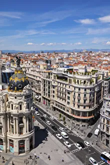 Metropolis Building Prints: Elevated View of Metropolis Building, Grand Via and Madrid, Madrid, Spain