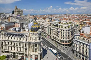 Images Dated 2nd May 2019: Elevated View of Metropolis Building, Grand Via and Madrid, Madrid, Spain