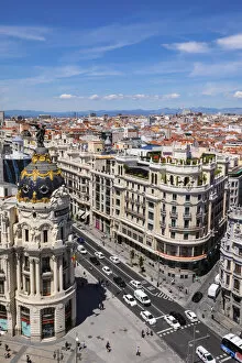 Elevated View of Metropolis Building, Grand Via and Madrid, Madrid, Spain