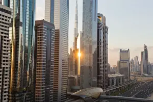 Elevated view over the modern Skyscrapers & metro station along Sheikh Zayed Road