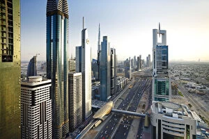 Images Dated 9th June 2011: Elevated view over the modern Skyscrapers along Sheikh Zayed Road looking towards
