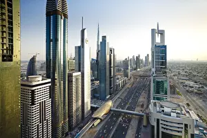 Gulf State Prints: Elevated view over the modern Skyscrapers along Sheikh Zayed Road looking towards
